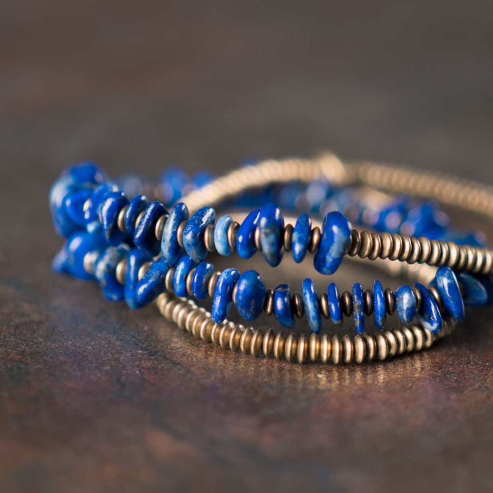 Blue Drift Lapis Lazuli Coil Wrap Bracelet For Peace Energy