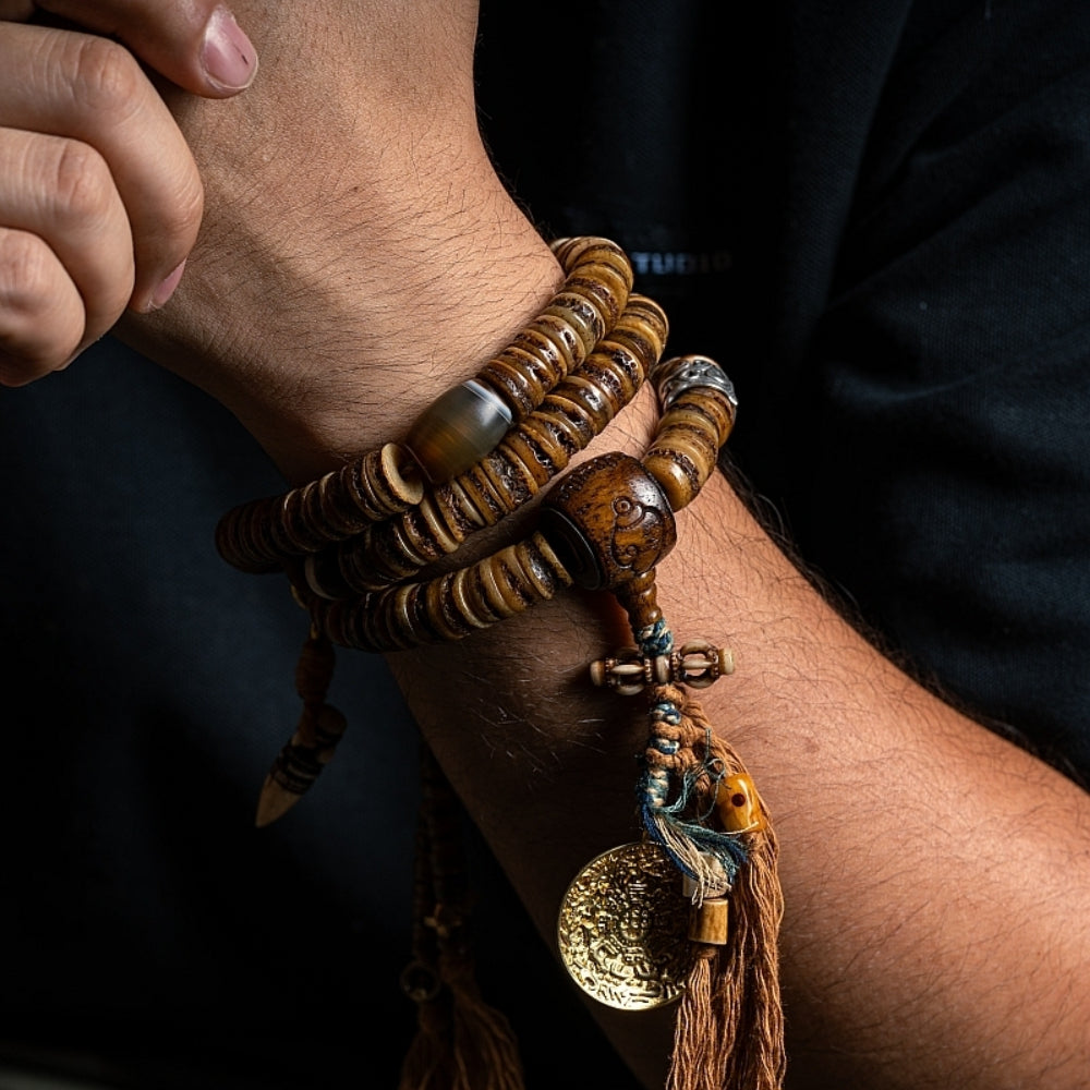 Guardian Spirit 108 Mala Beads Yak Bone Agate and Brass