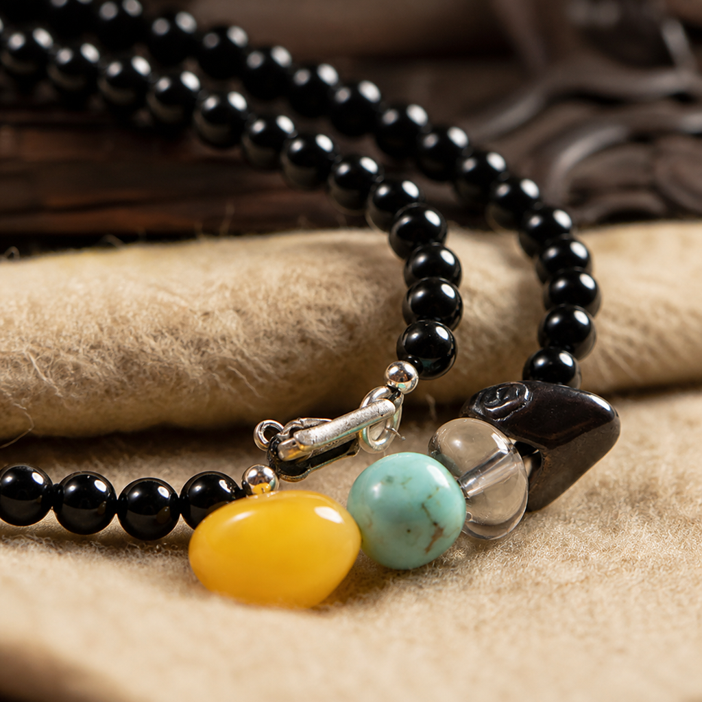 Minimal Black Agate Necklace with Amber, Turquoise, and Silver Accents