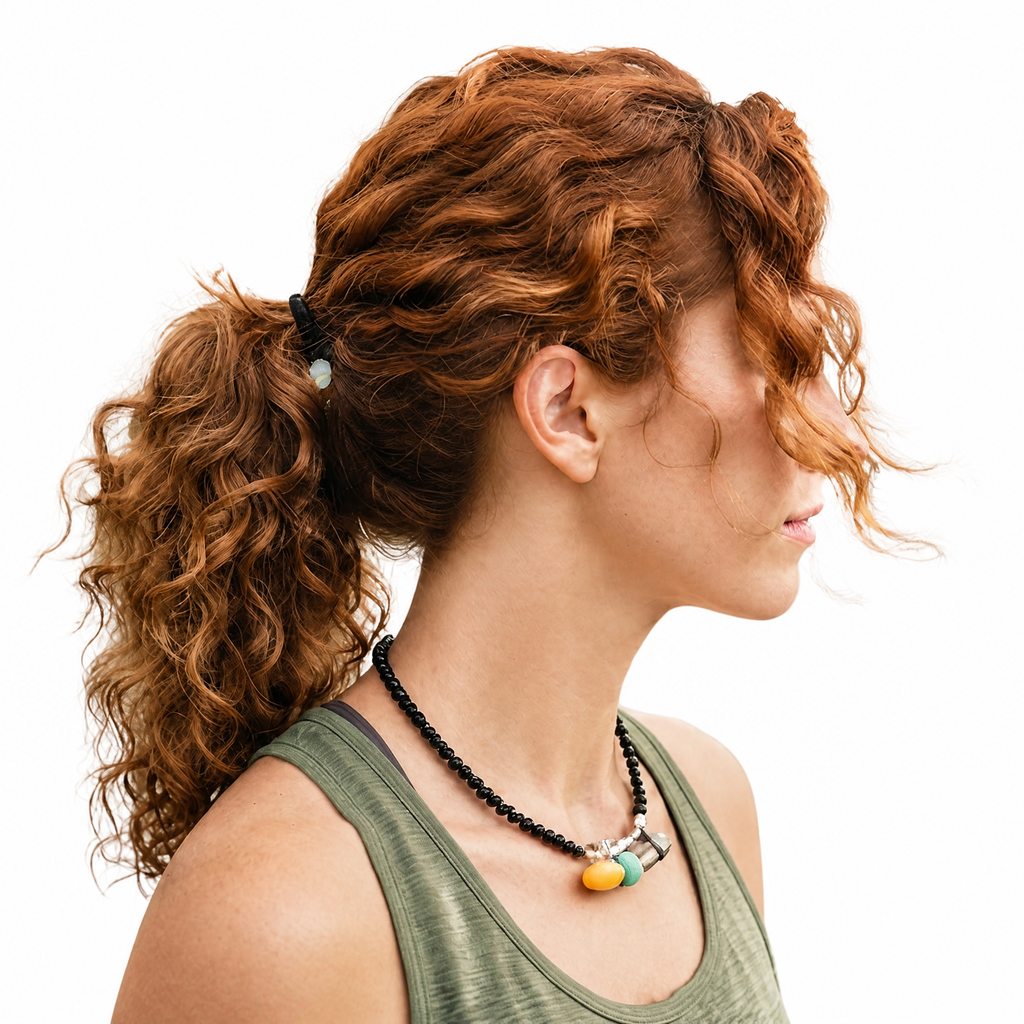Minimal Black Agate Necklace with Amber, Turquoise, and Silver Accents
