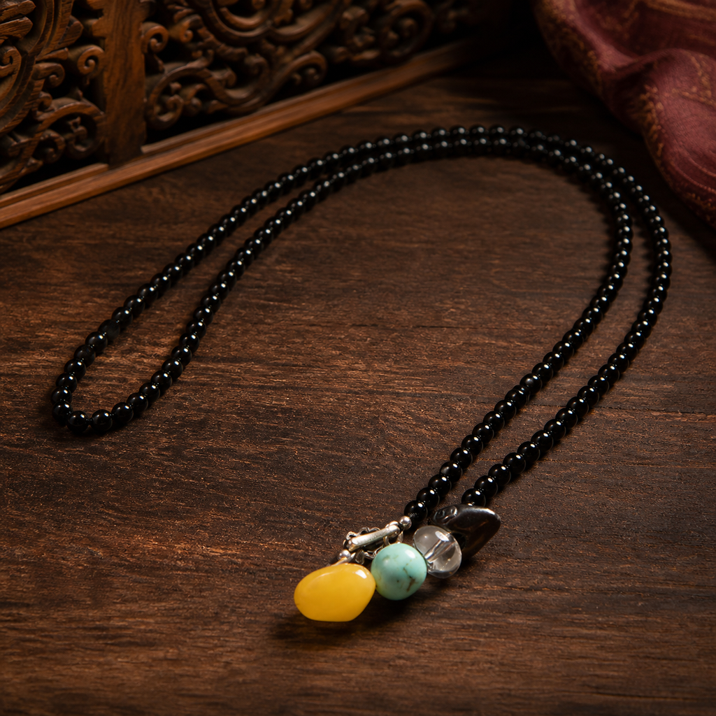 Minimal Black Agate Necklace with Amber, Turquoise, and Silver Accents