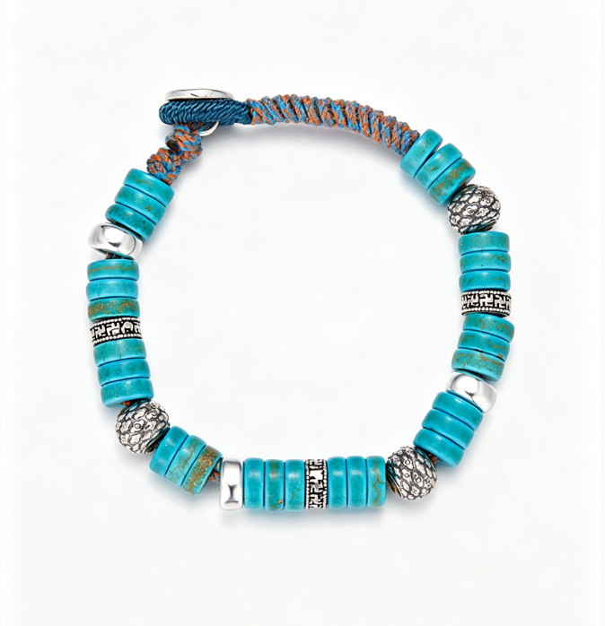 Disc Stack Turquoise Sterling Silver Braided Bracelet