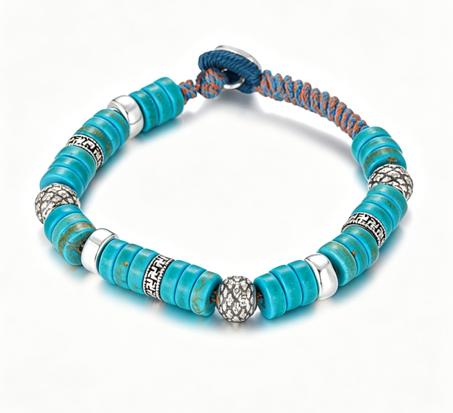 Disc Stack Turquoise Sterling Silver Braided Bracelet