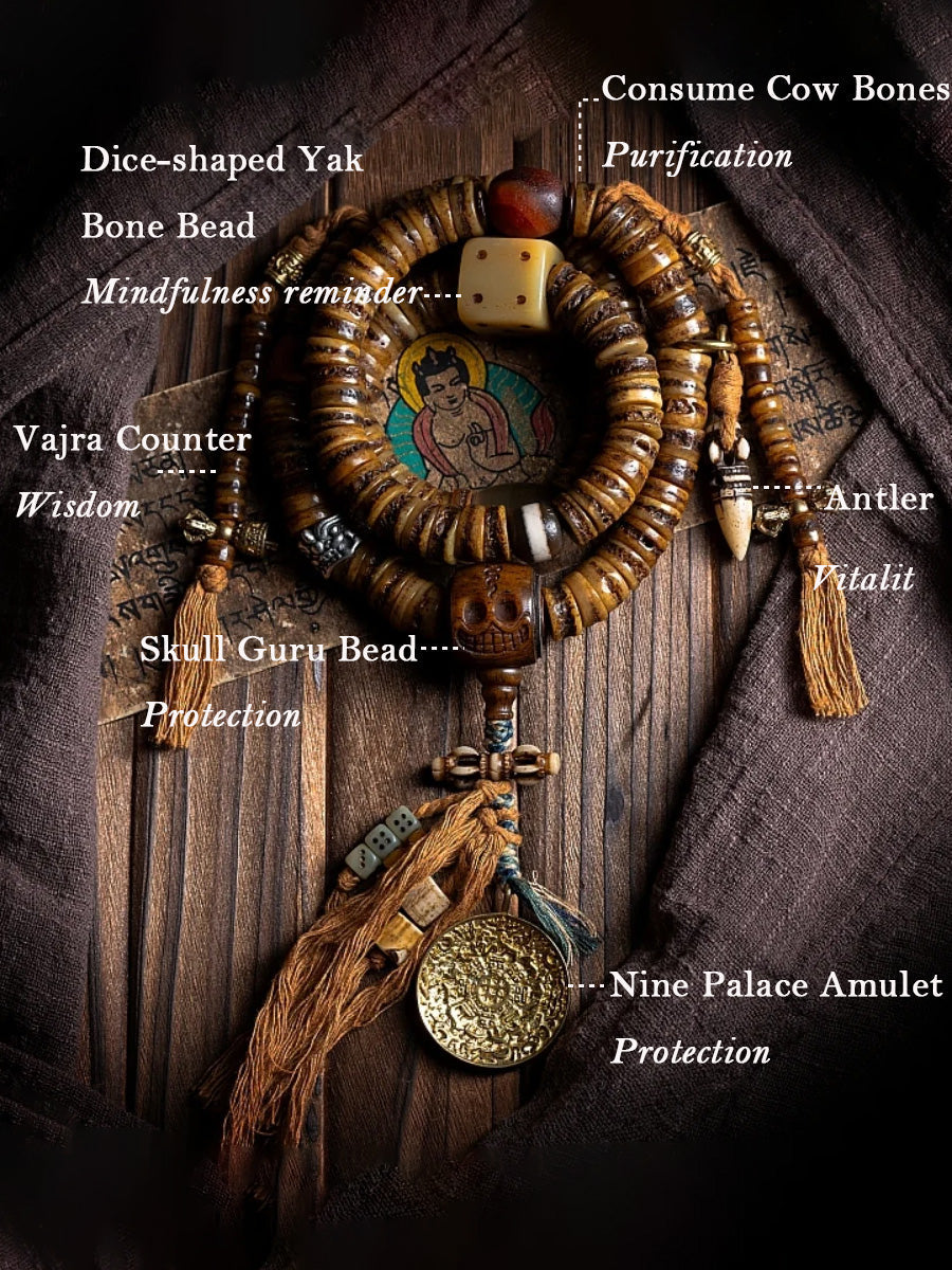 Guardian Spirit 108 Mala Beads Yak Bone Agate and Brass