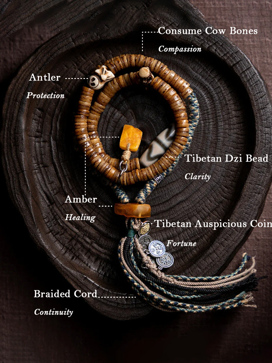 Sacred Guardian 108 Mala Beads Yak Bone Amber and Antler
