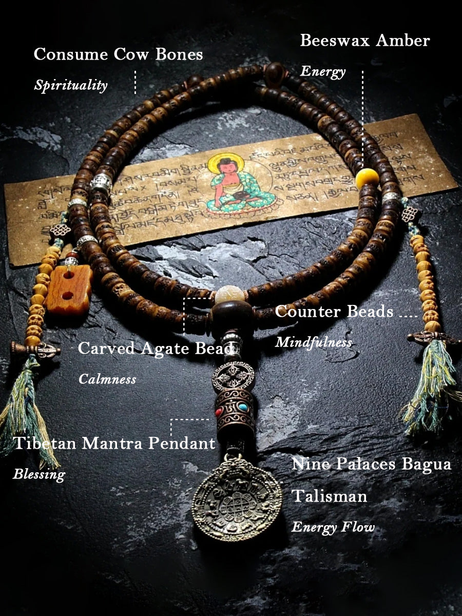Sacred Guardian Handcrafted 108 Mala Beads - Silver & Yak Bone Talisman