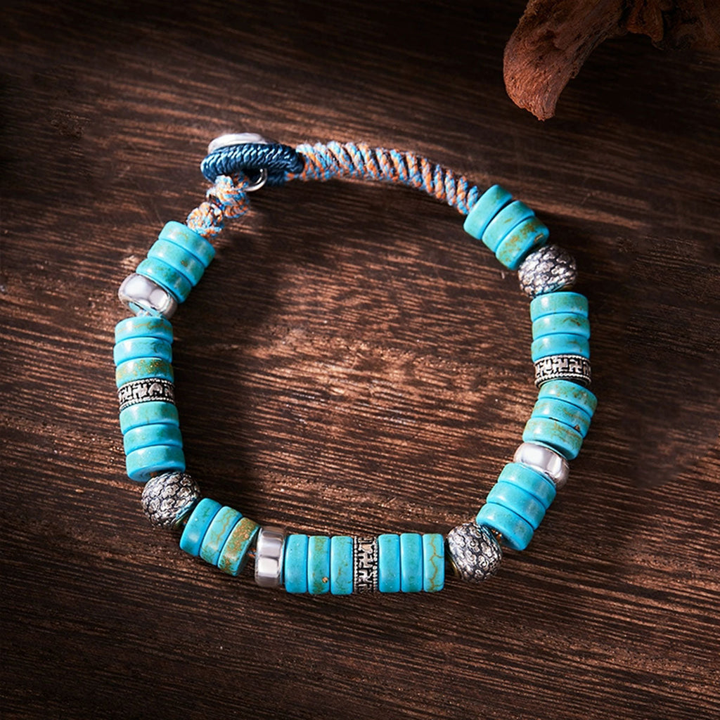 Disc Stack Turquoise Sterling Silver Braided Bracelet