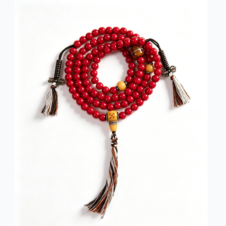 Huaiye Red Tibetan Liuli Glass 108 Mala in Light Tibetan Style