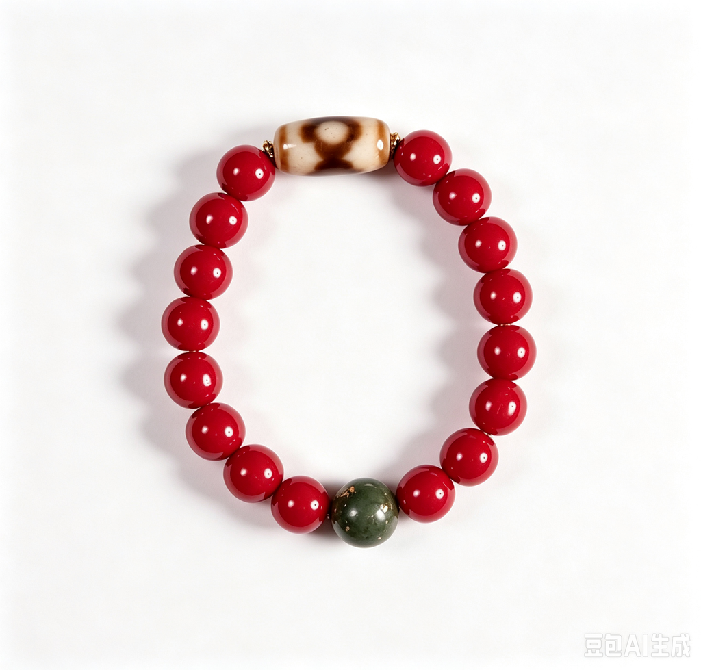 Fantan Red Glass Bracelet with Mandala Dzi-Style Agate and Incense Bead