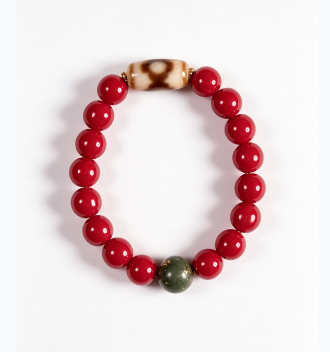 Fantan Red Glass Bracelet with Mandala Dzi-Style Agate and Incense Bead