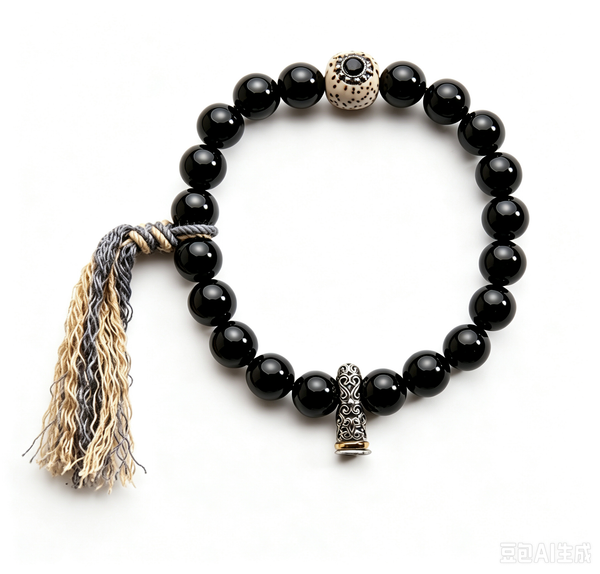Black Agate Bracelet with Star-Moon Bodhi and Dharma Seal Bead
