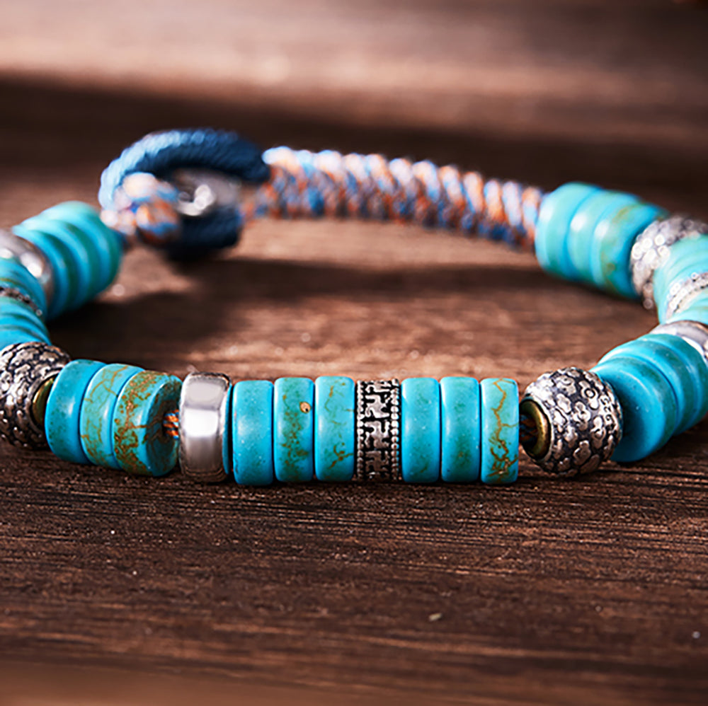 Disc Stack Turquoise Sterling Silver Braided Bracelet
