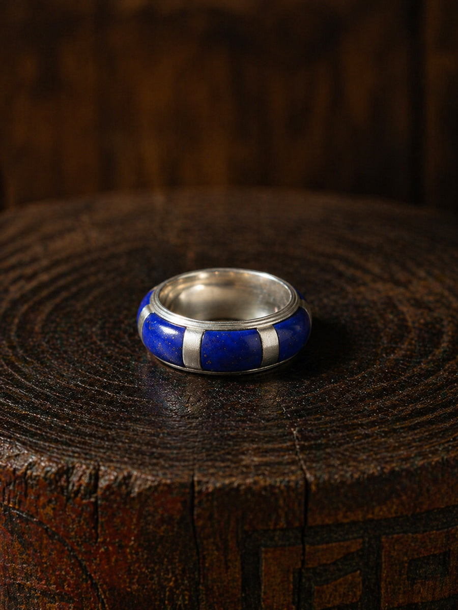 Tibetan Lapis Lazuli Wisdom Inlay Sterling Silver Open Band Ring