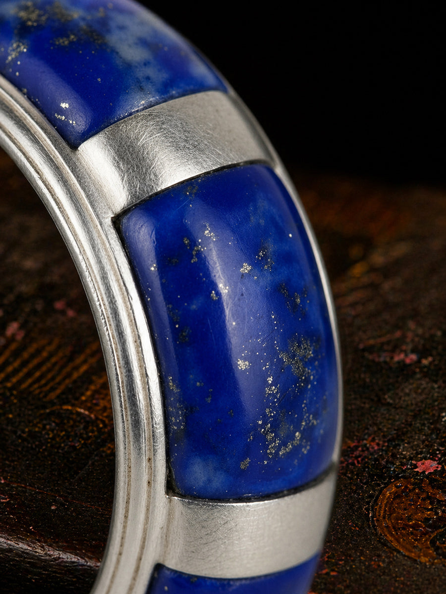 Tibetan Lapis Lazuli Wisdom Inlay Sterling Silver Open Band Ring