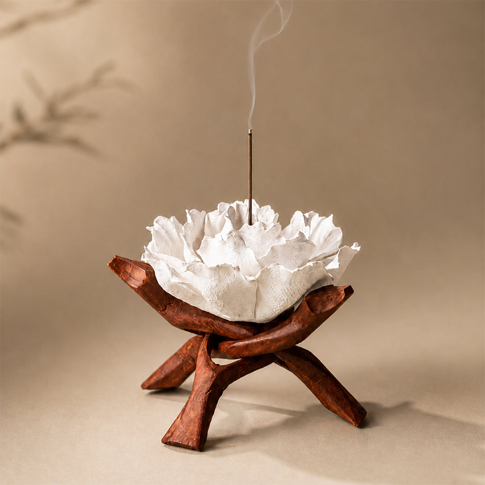 Ceramic Flower Incense Holder with Wooden Stand