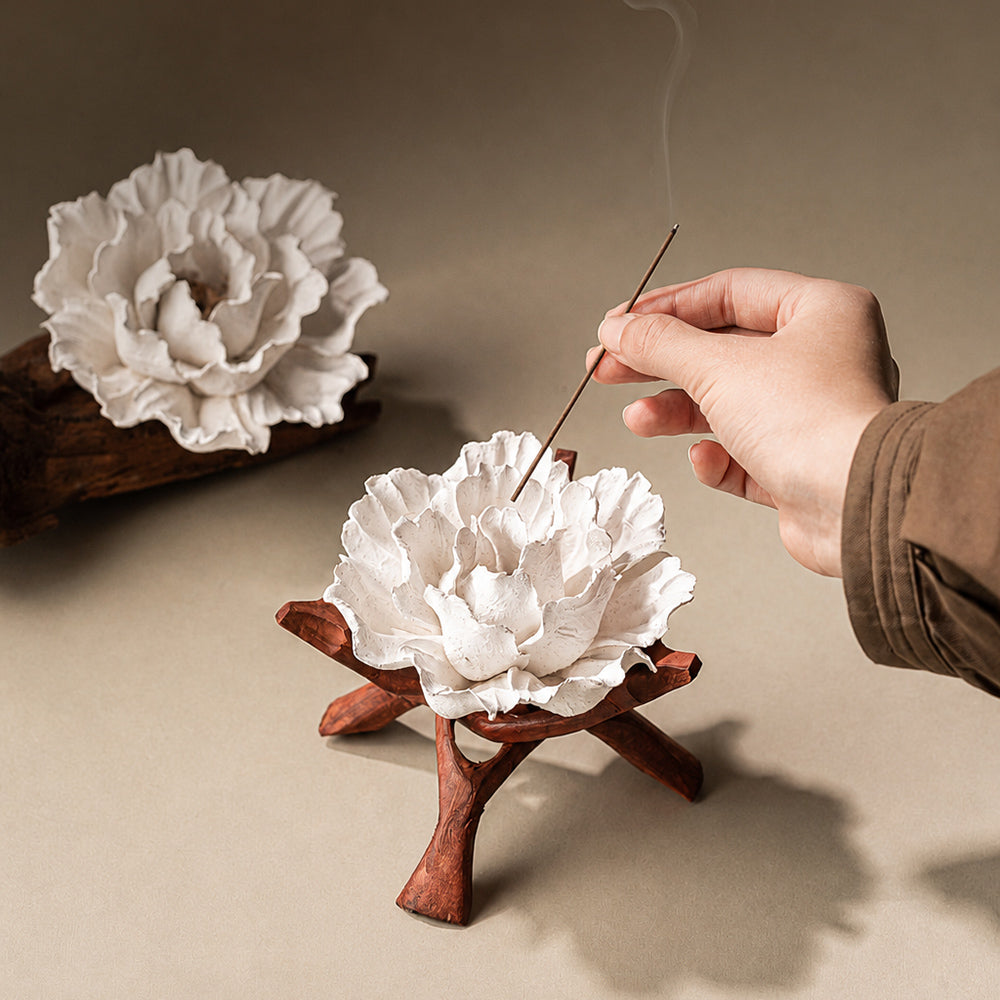 Ceramic Flower Incense Holder with Wooden Stand
