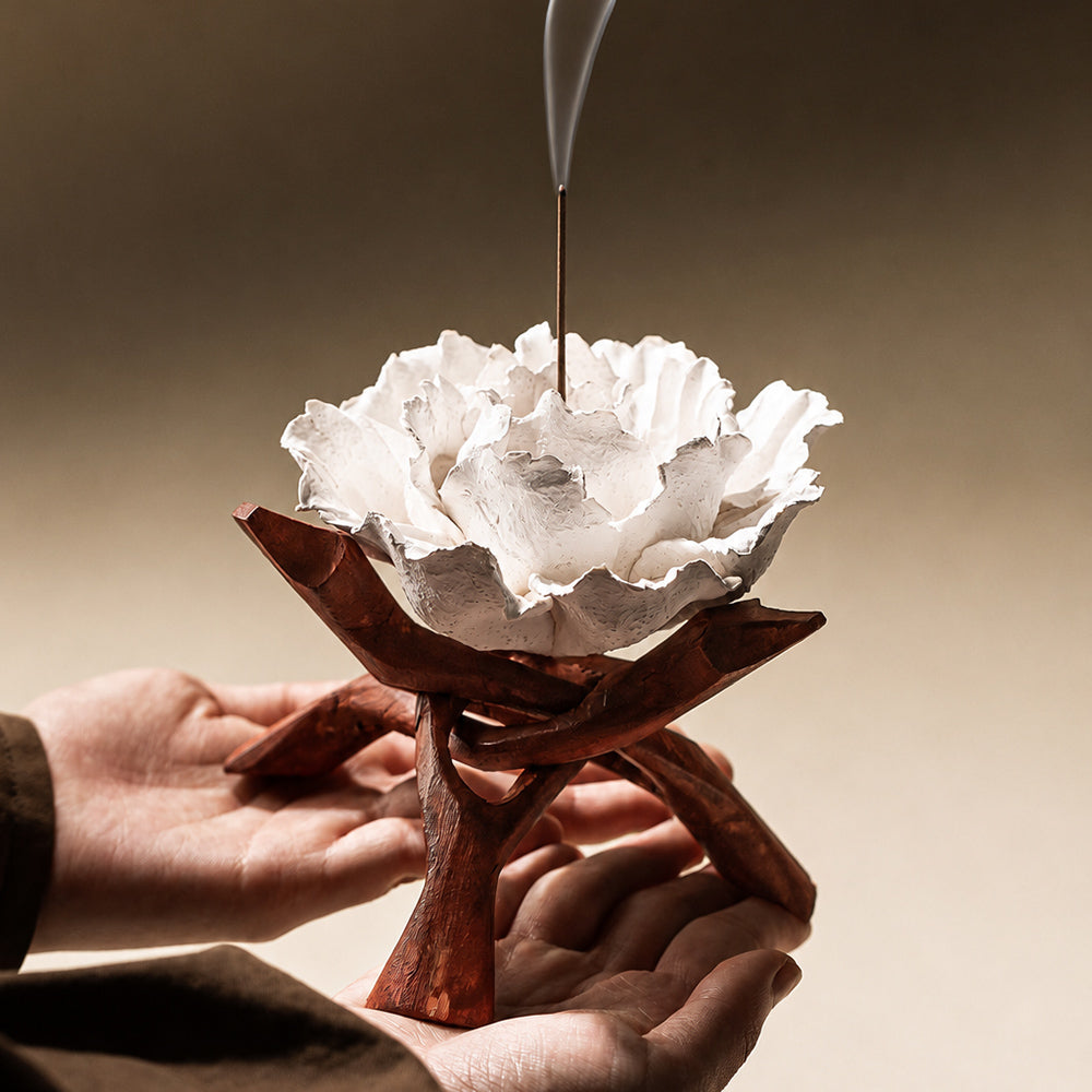 Ceramic Flower Incense Holder with Wooden Stand