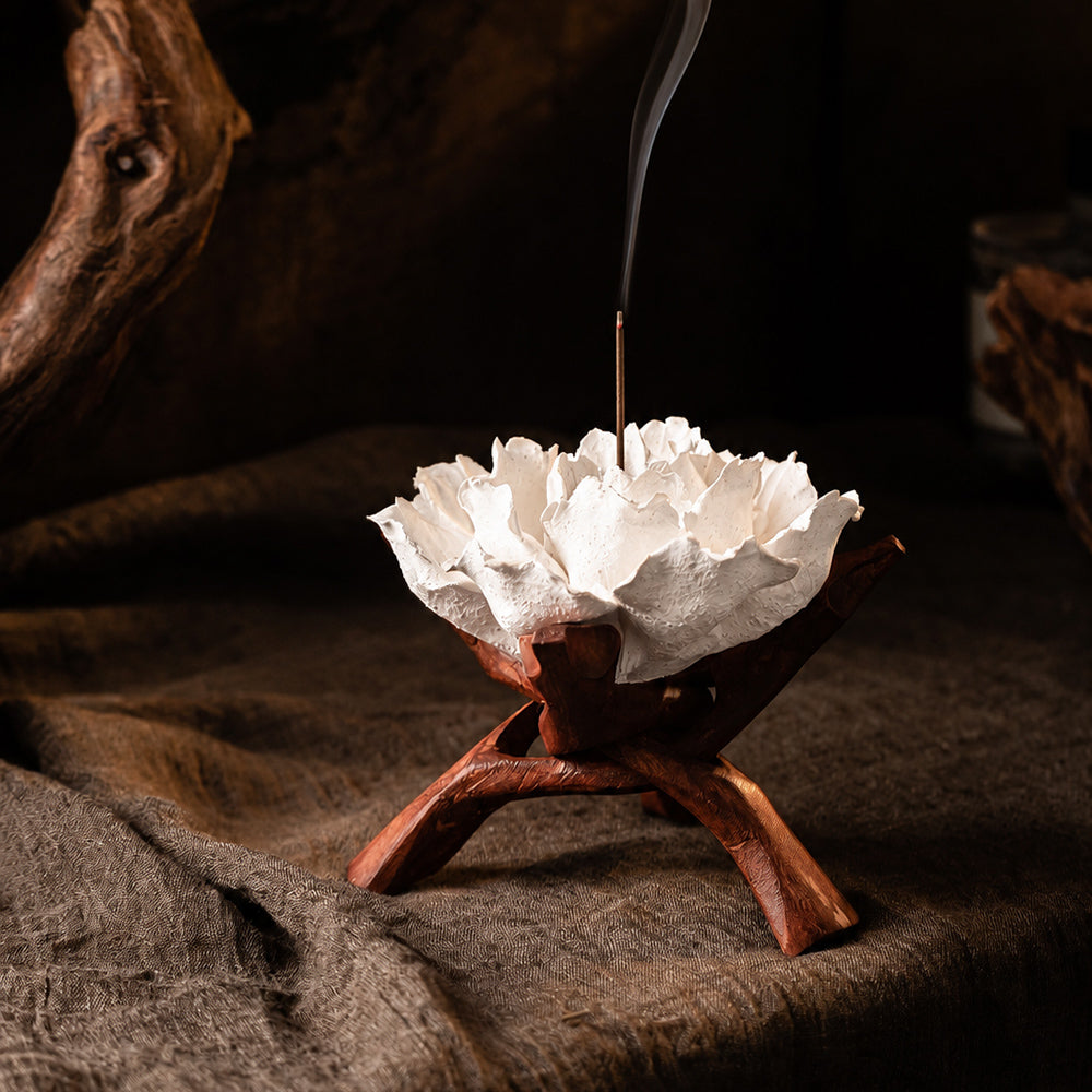 Ceramic Flower Incense Holder with Wooden Stand