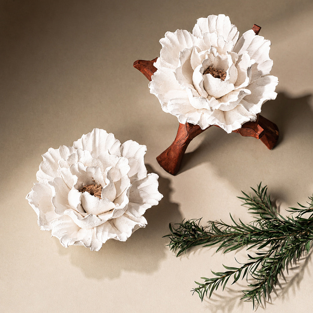 Ceramic Flower Incense Holder with Wooden Stand
