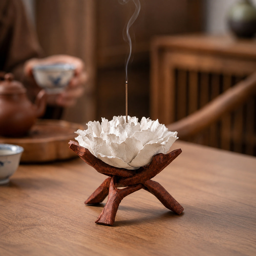 Ceramic Flower Incense Holder with Wooden Stand