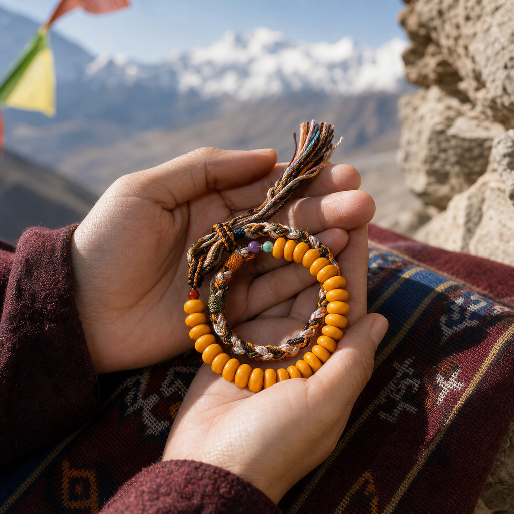 luckyallthing braided amber bracelet with Tibetan-inspired textile styling
