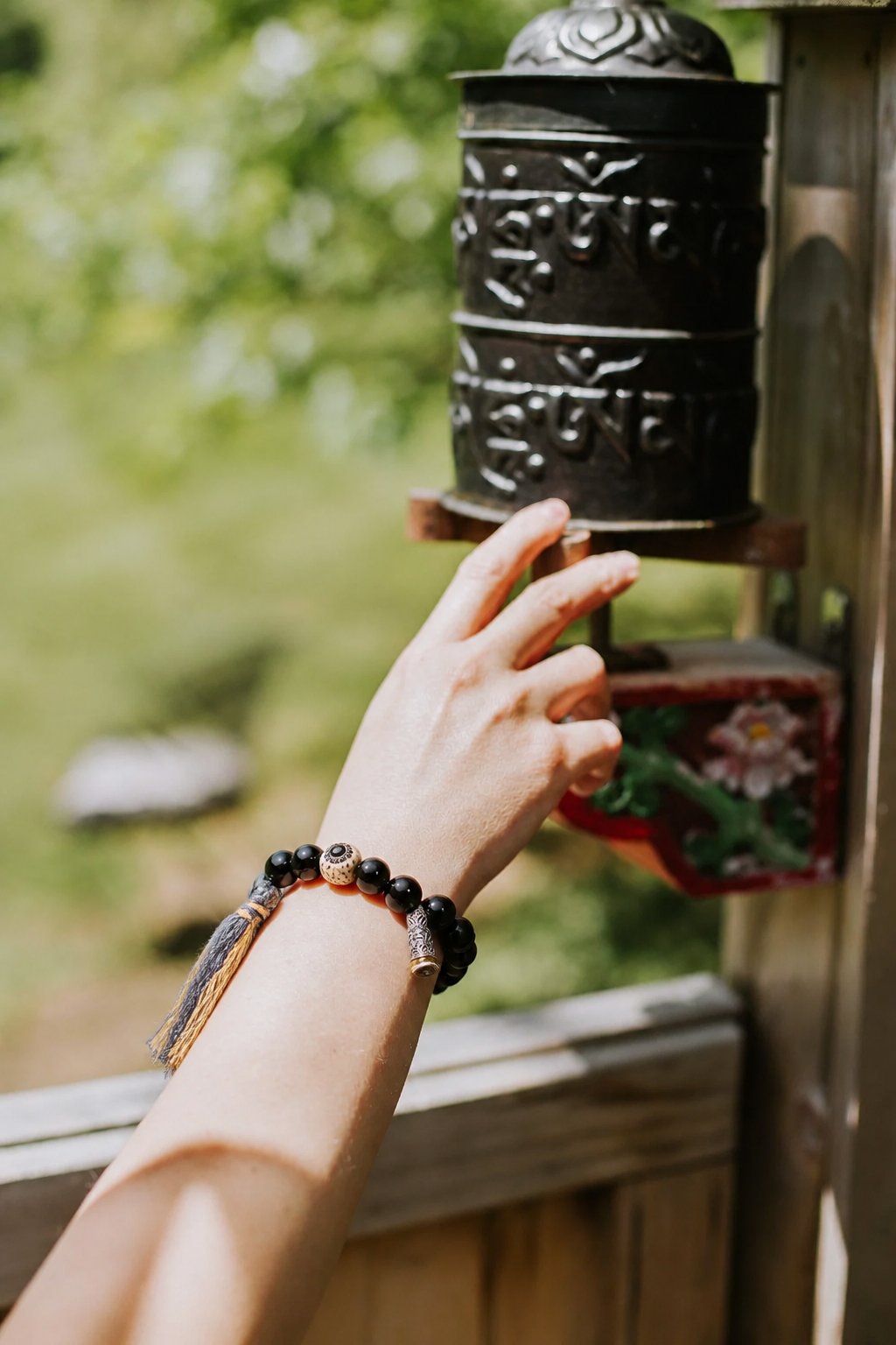 Black Agate Bracelet with Star-Moon Bodhi and Dharma Seal Bead