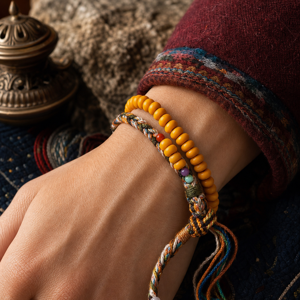 luckyallthing Tibetan amber double-wrap bracelet in a warm outdoor styled scene
