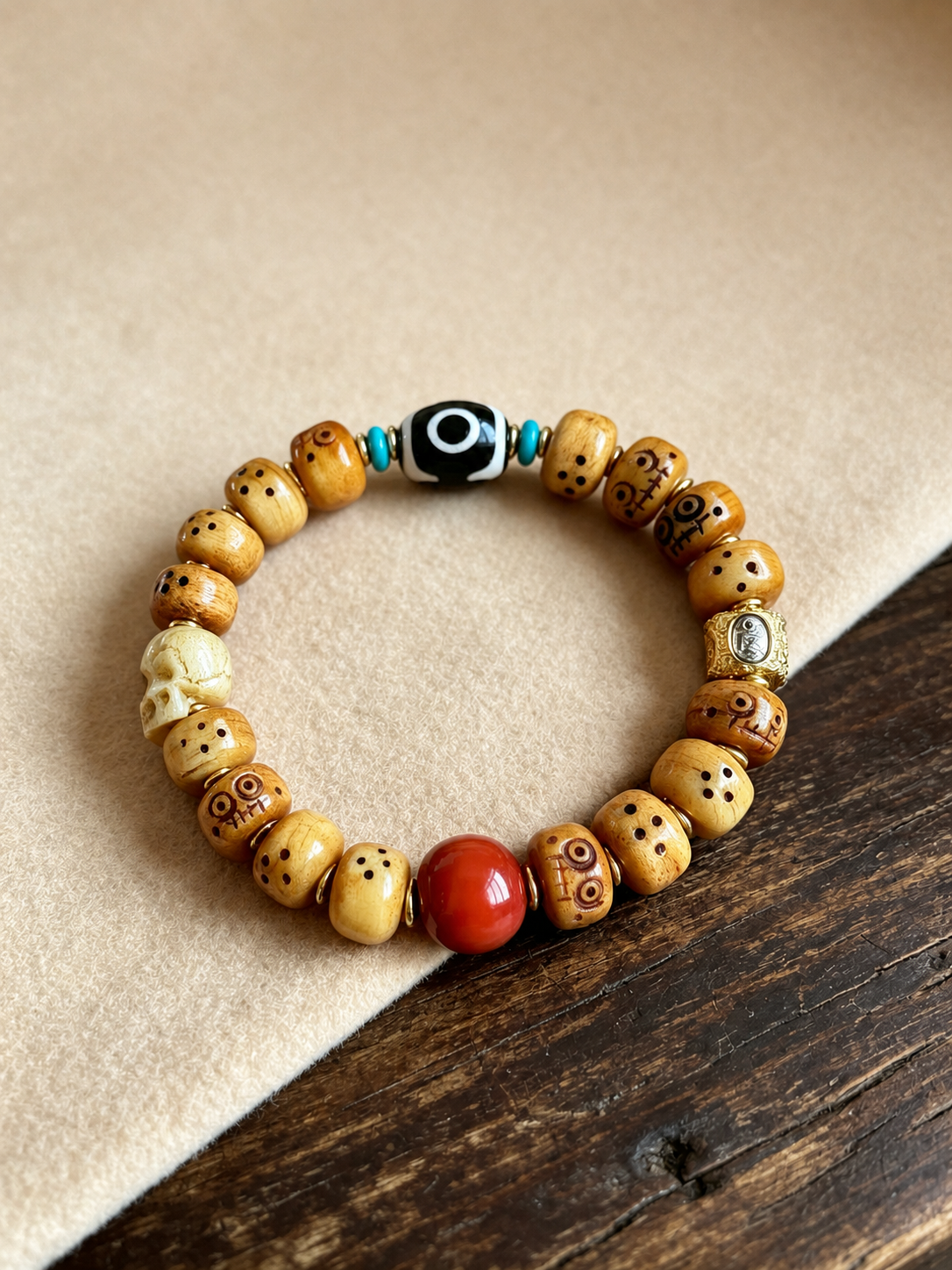Tibetan Yak Bone Bead Bracelet with Dzi-Style Accent