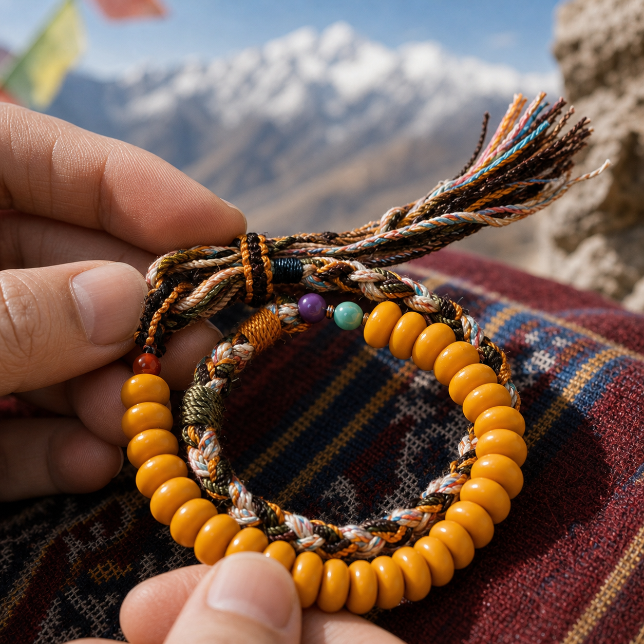 Natural Russian Amber Tibetan Braided Double-Wrap Bracelet