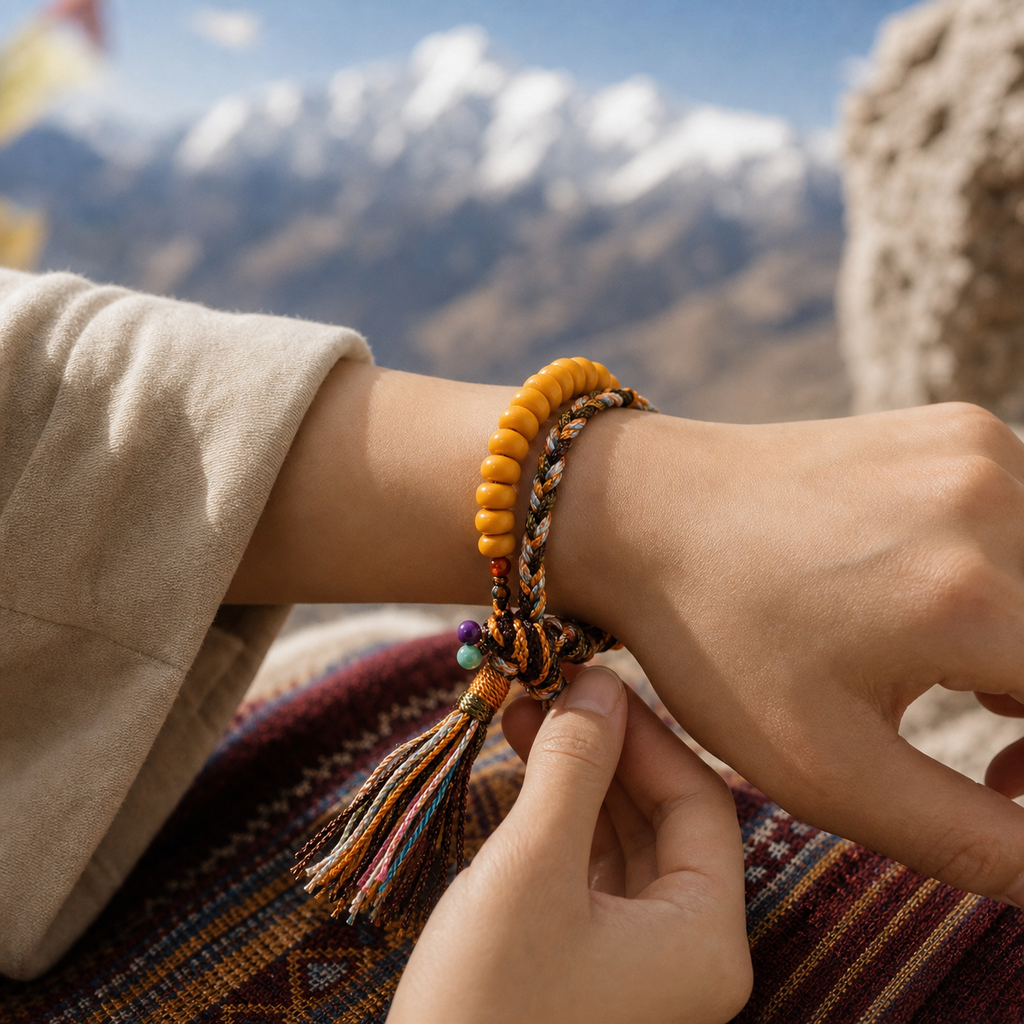Natural Russian Amber Tibetan Braided Double-Wrap Bracelet