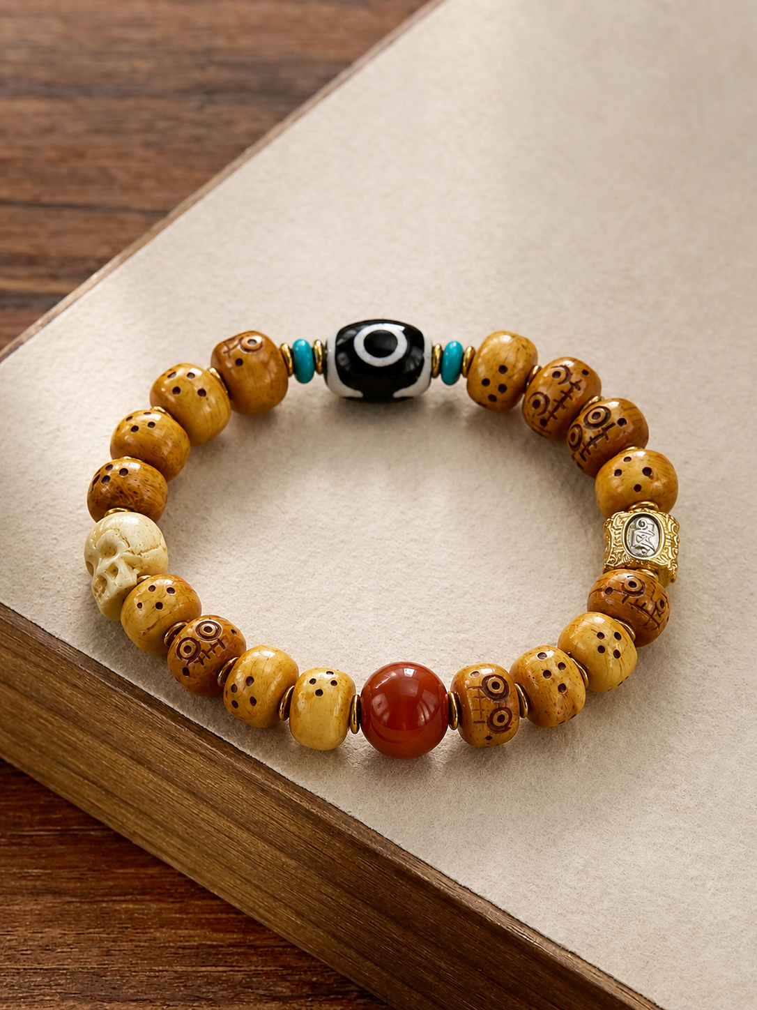Tibetan Yak Bone Bead Bracelet with Dzi-Style Accent