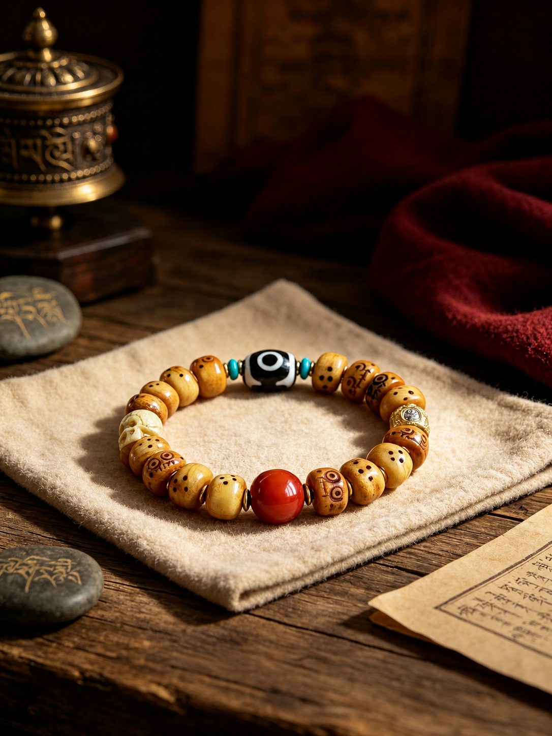 Tibetan Yak Bone Bead Bracelet with Dzi-Style Accent