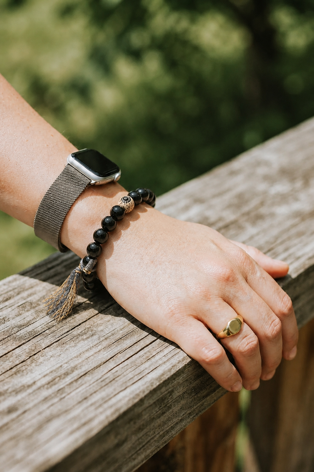 Black Agate Bracelet with Star-Moon Bodhi and Dharma Seal Bead