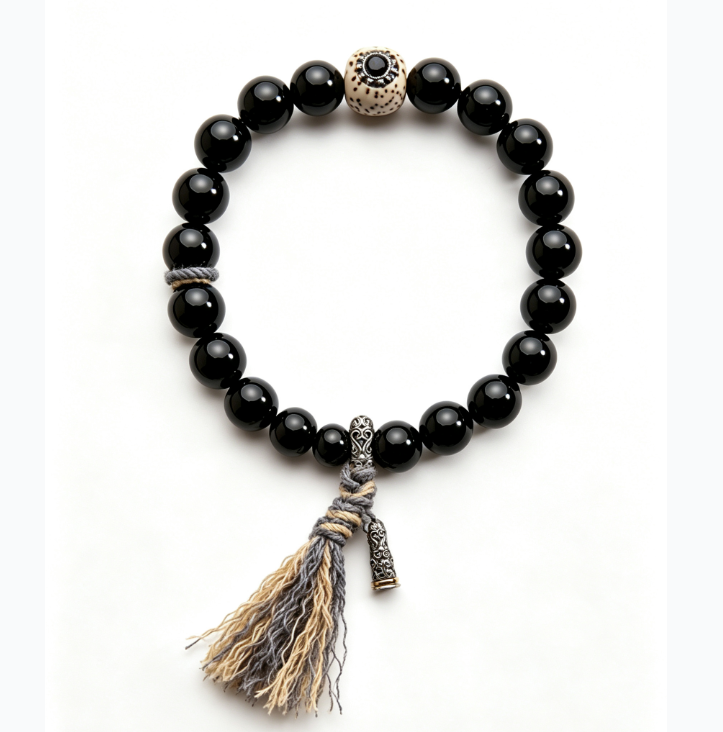 Black Agate Bracelet with Star-Moon Bodhi and Dharma Seal Bead