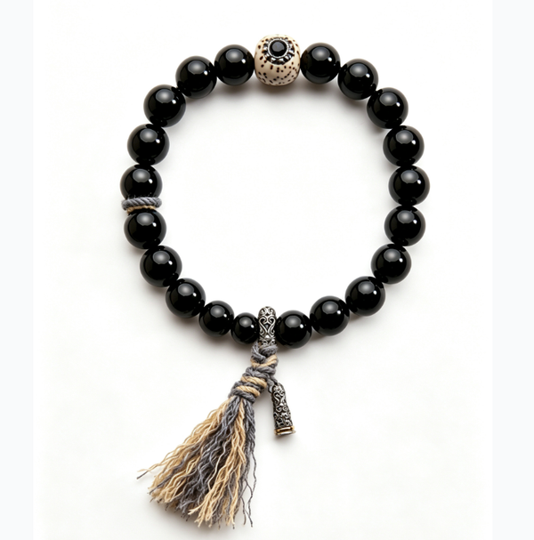 Black Agate Bracelet with Star-Moon Bodhi and Dharma Seal Bead