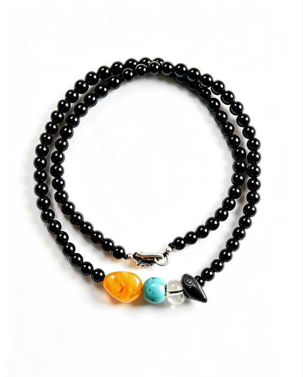 Minimal Black Agate Necklace with Amber, Turquoise, and Silver Accents