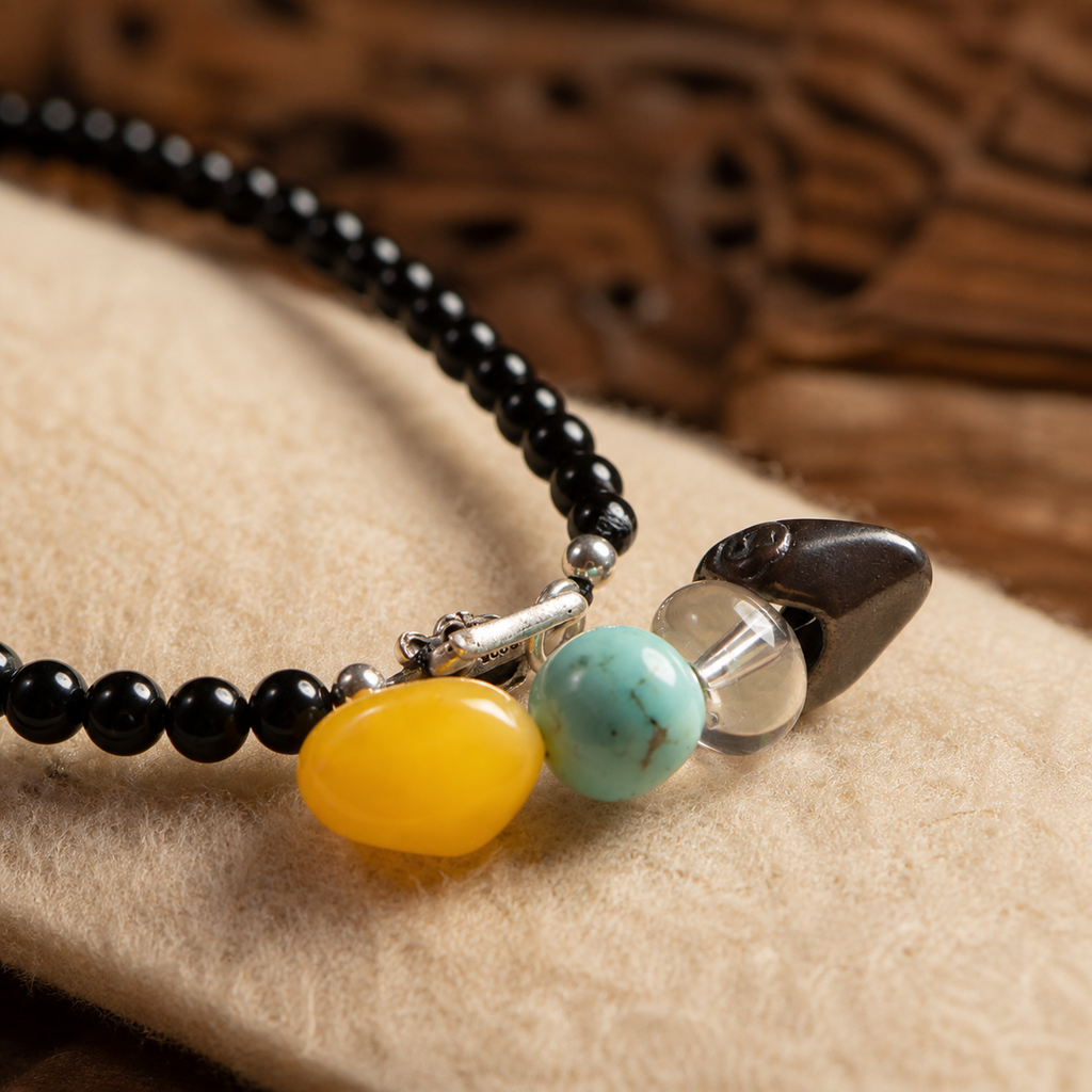 Minimal Black Agate Necklace with Amber, Turquoise, and Silver Accents
