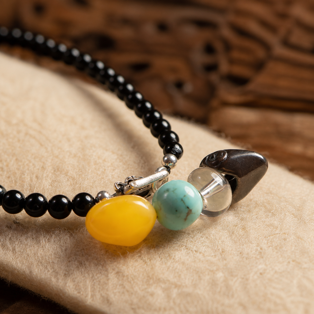 Minimal Black Agate Necklace with Amber, Turquoise, and Silver Accents