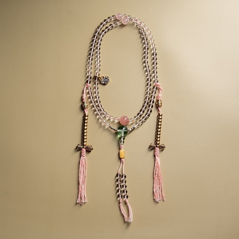 Sweet Guofeng natural white crystal 108 mala with pink tassels