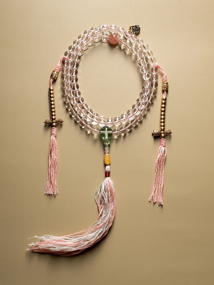 Natural white crystal 108 mala coiled with pastel accent beads