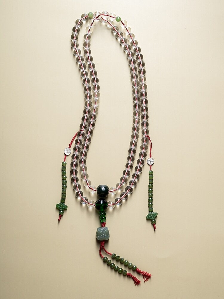 Natural white crystal 108 mala arranged as a necklace