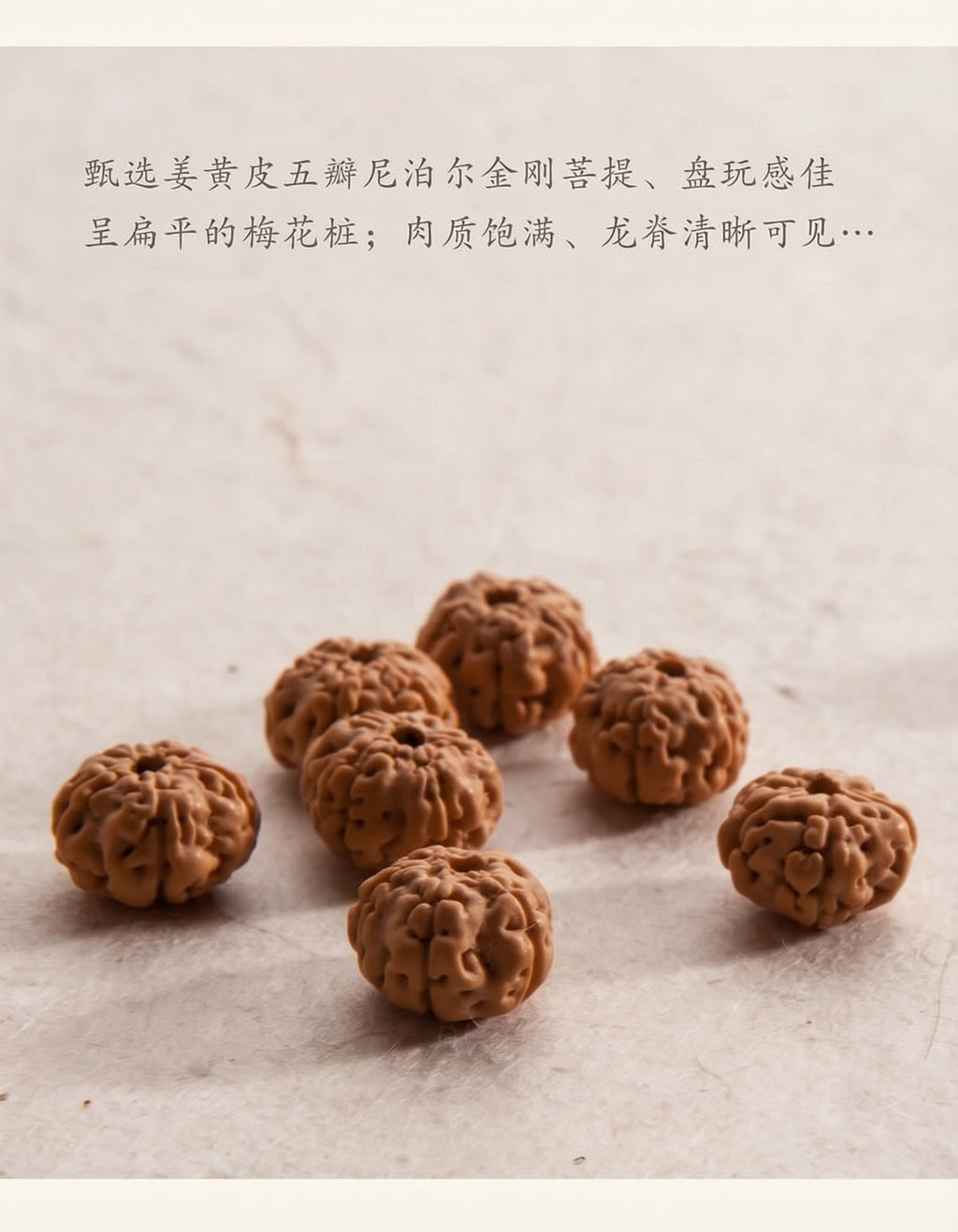 Close view of 5-mukhi Vajra bodhi beads with visible texture