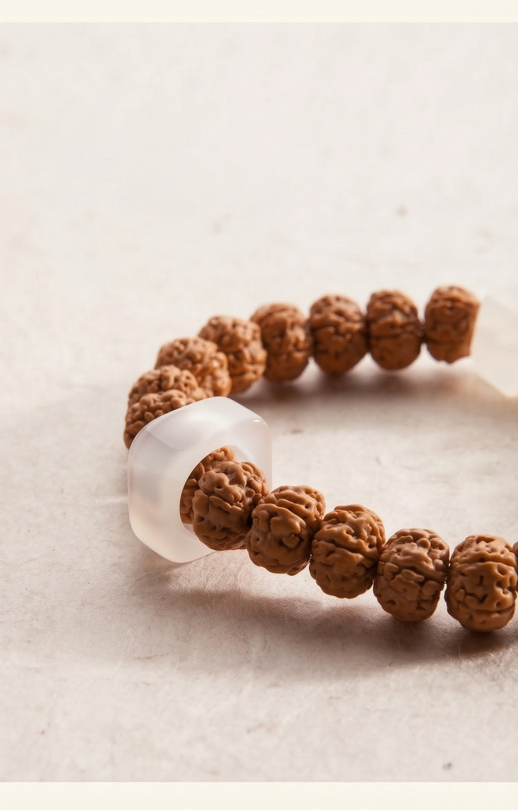 Detail of Vajra bodhi beads and white agate accent pieces
