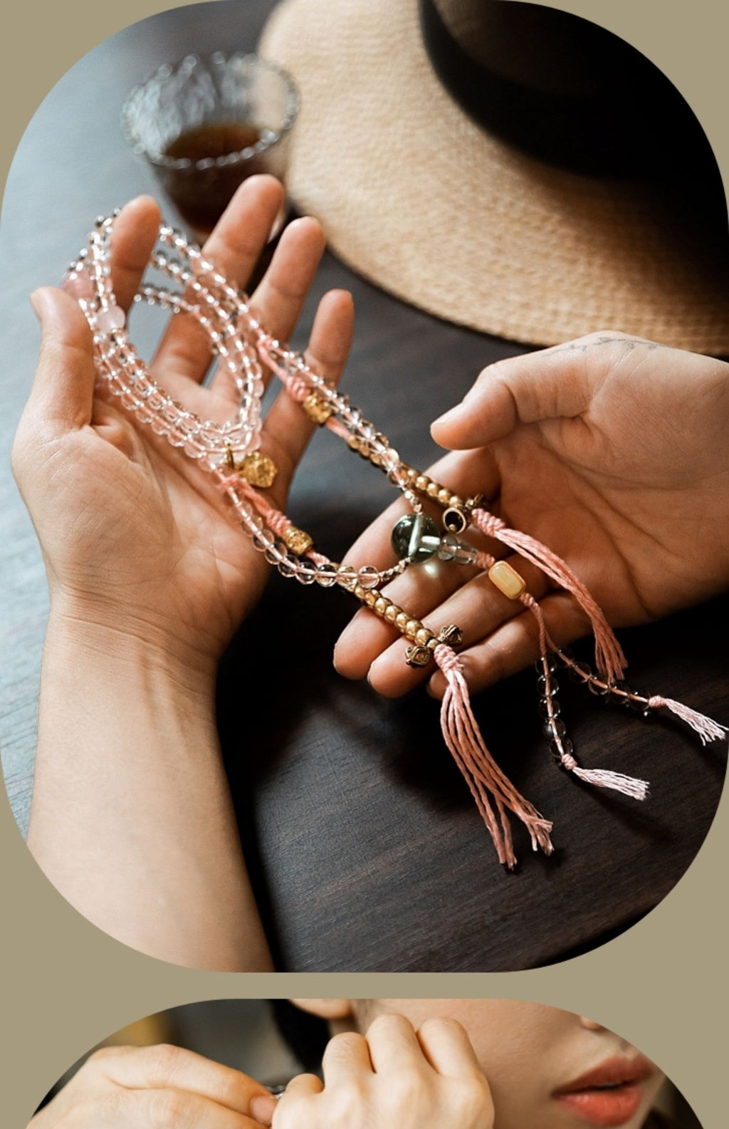 White crystal mala handled gently with pink tassels