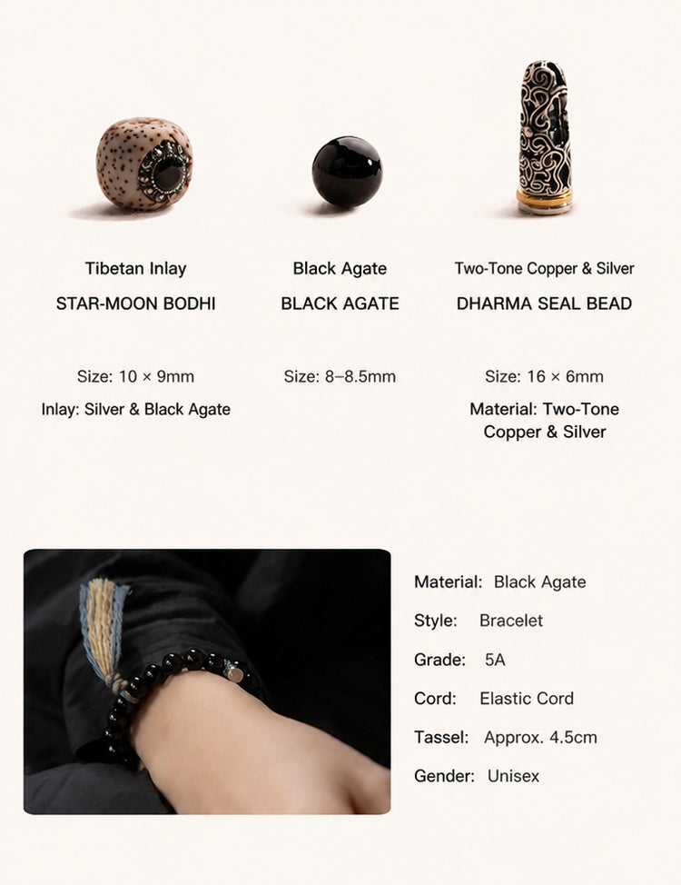 Source parameter image showing black agate bead, star-moon bodhi bead, dharma seal bead, cord, and tassel sizes