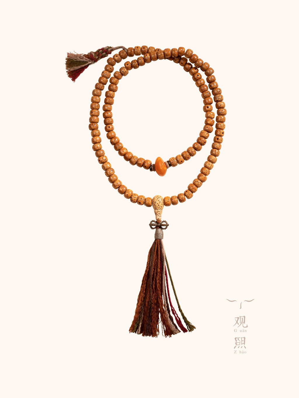 Xingyue bodhi 108 mala with brown tassel and amber-toned accent bead