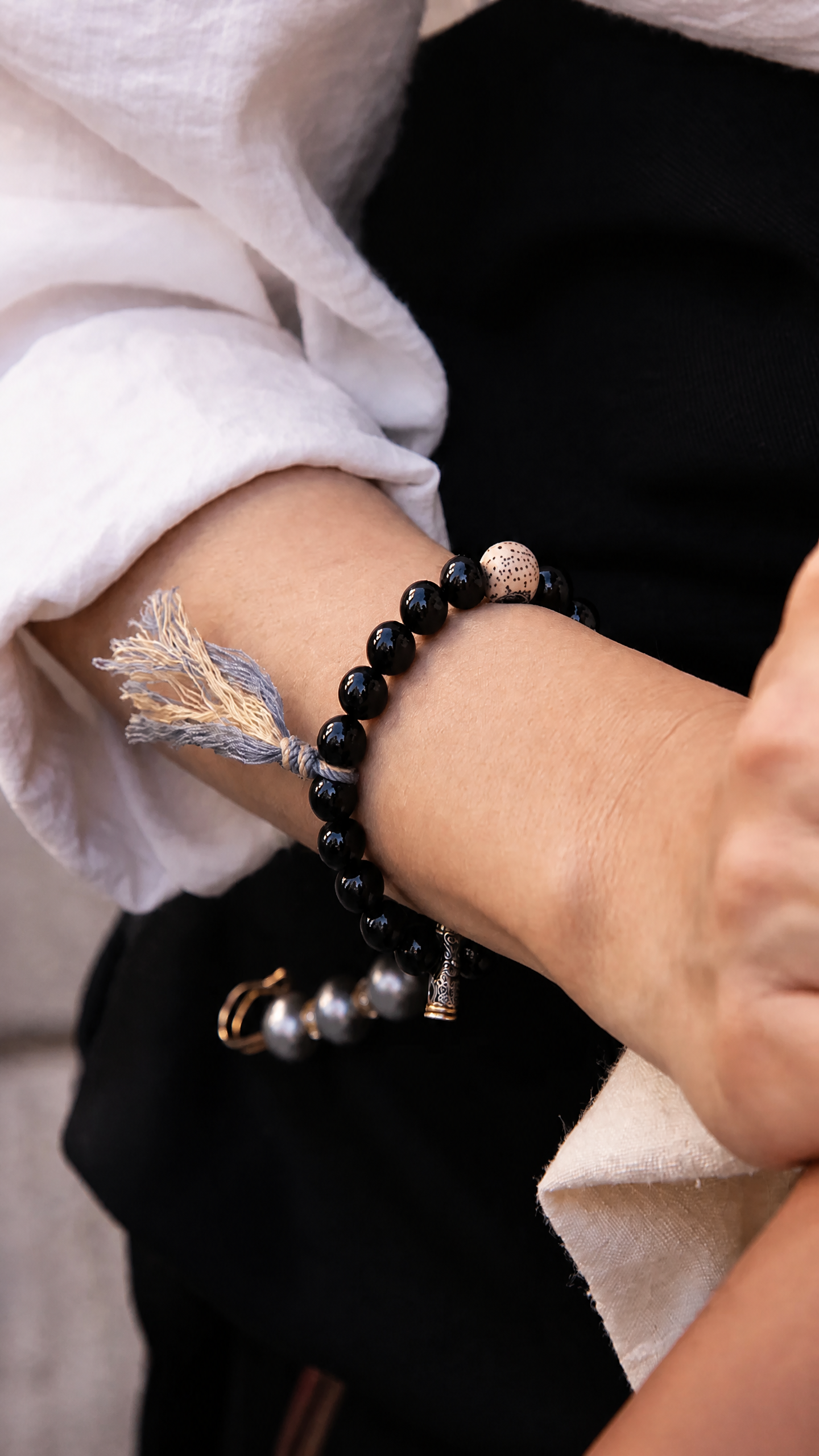 Black Agate Bracelet with Star-Moon Bodhi and Dharma Seal Bead