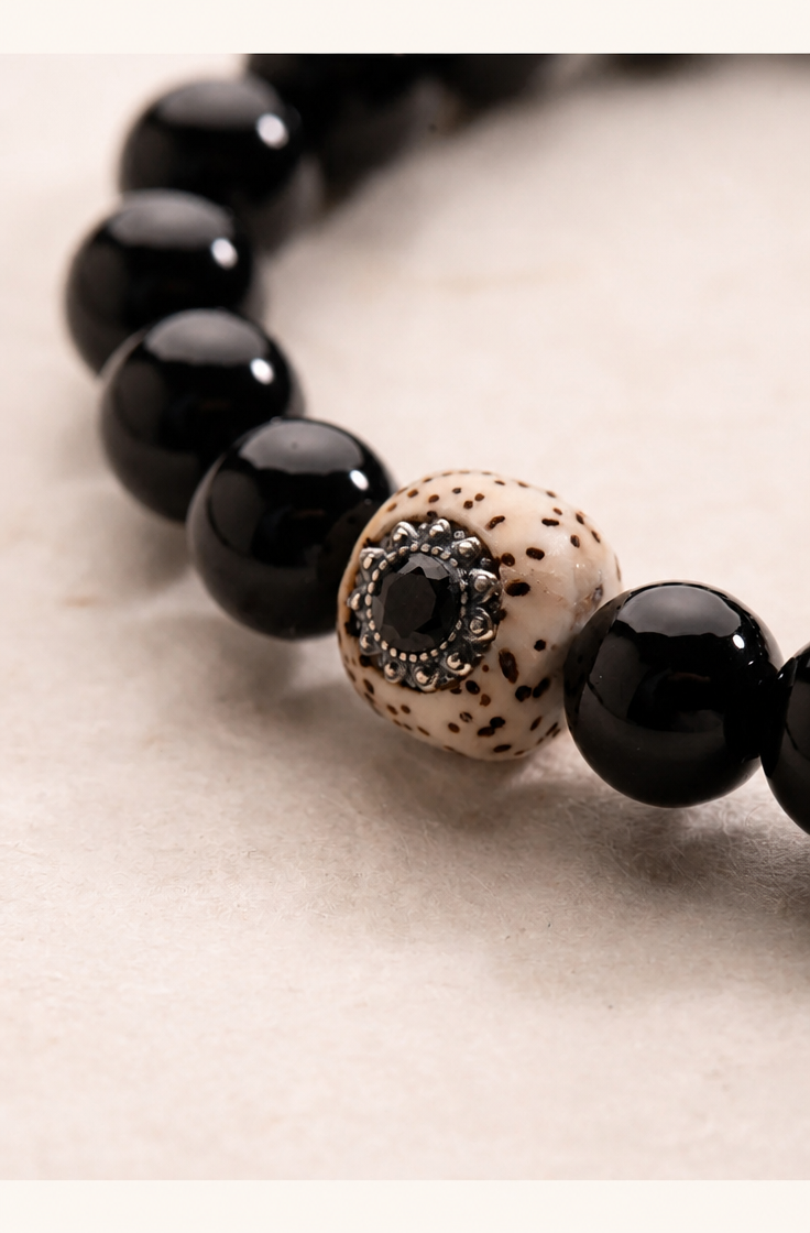 Black Agate Bracelet with Star-Moon Bodhi and Dharma Seal Bead
