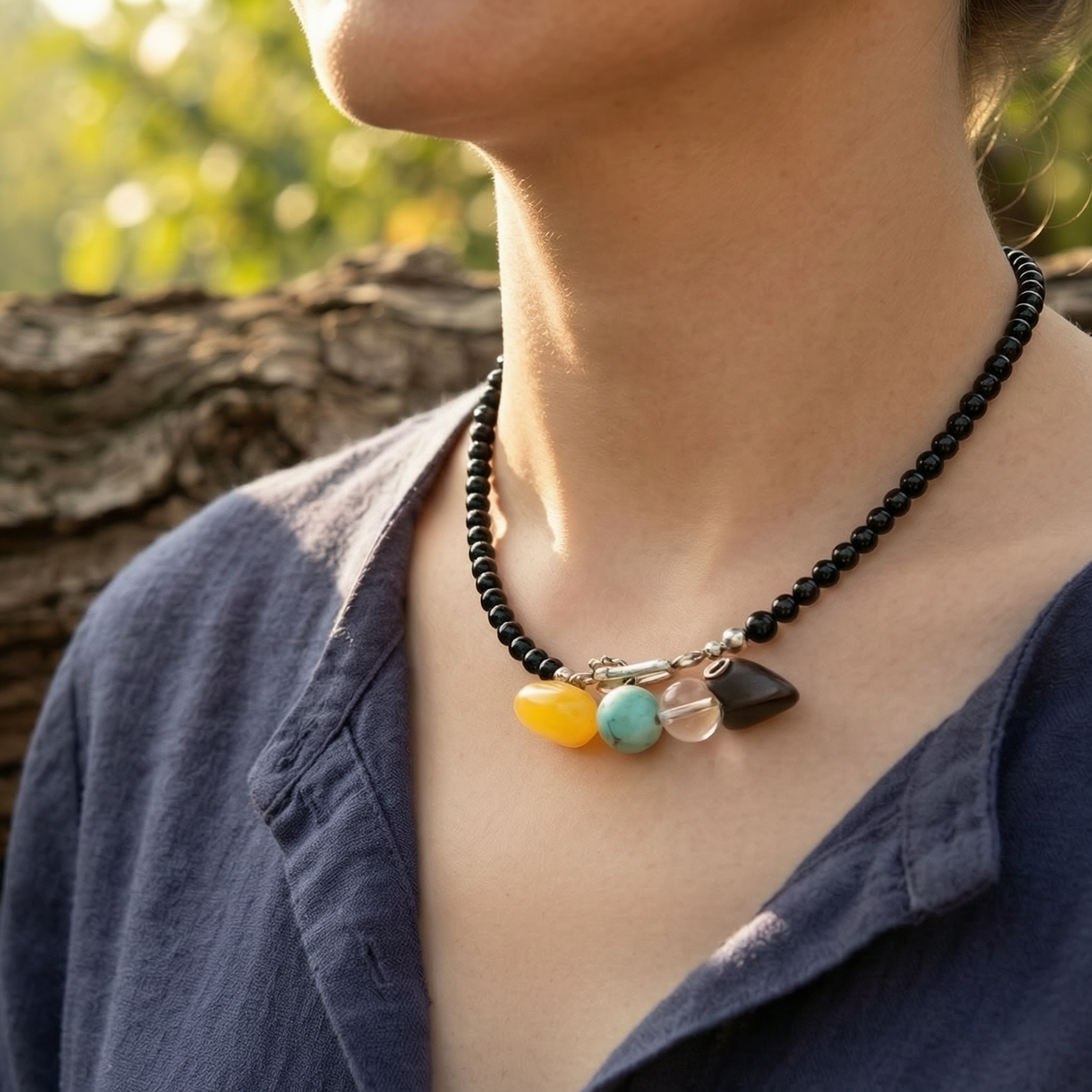 Minimal Black Agate Necklace with Amber, Turquoise, and Silver Accents