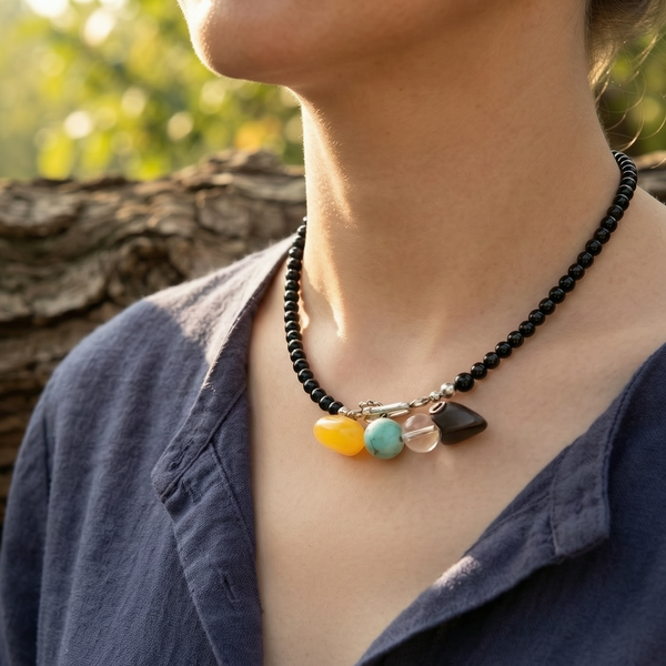 Minimal Black Agate Necklace with Amber, Turquoise, and Silver Accents